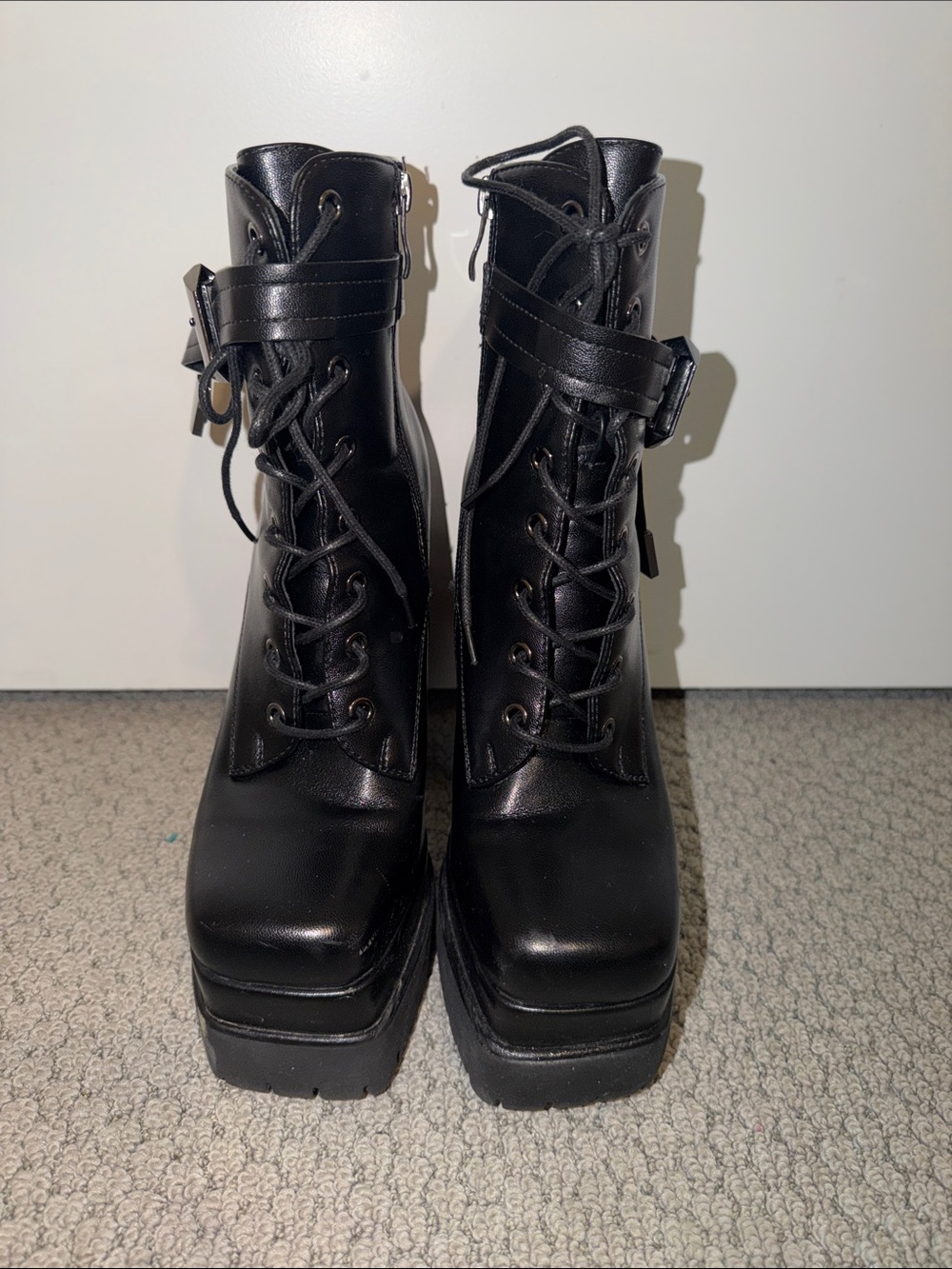 Black Platform Lace-Up doll Boots with Buckle Strap